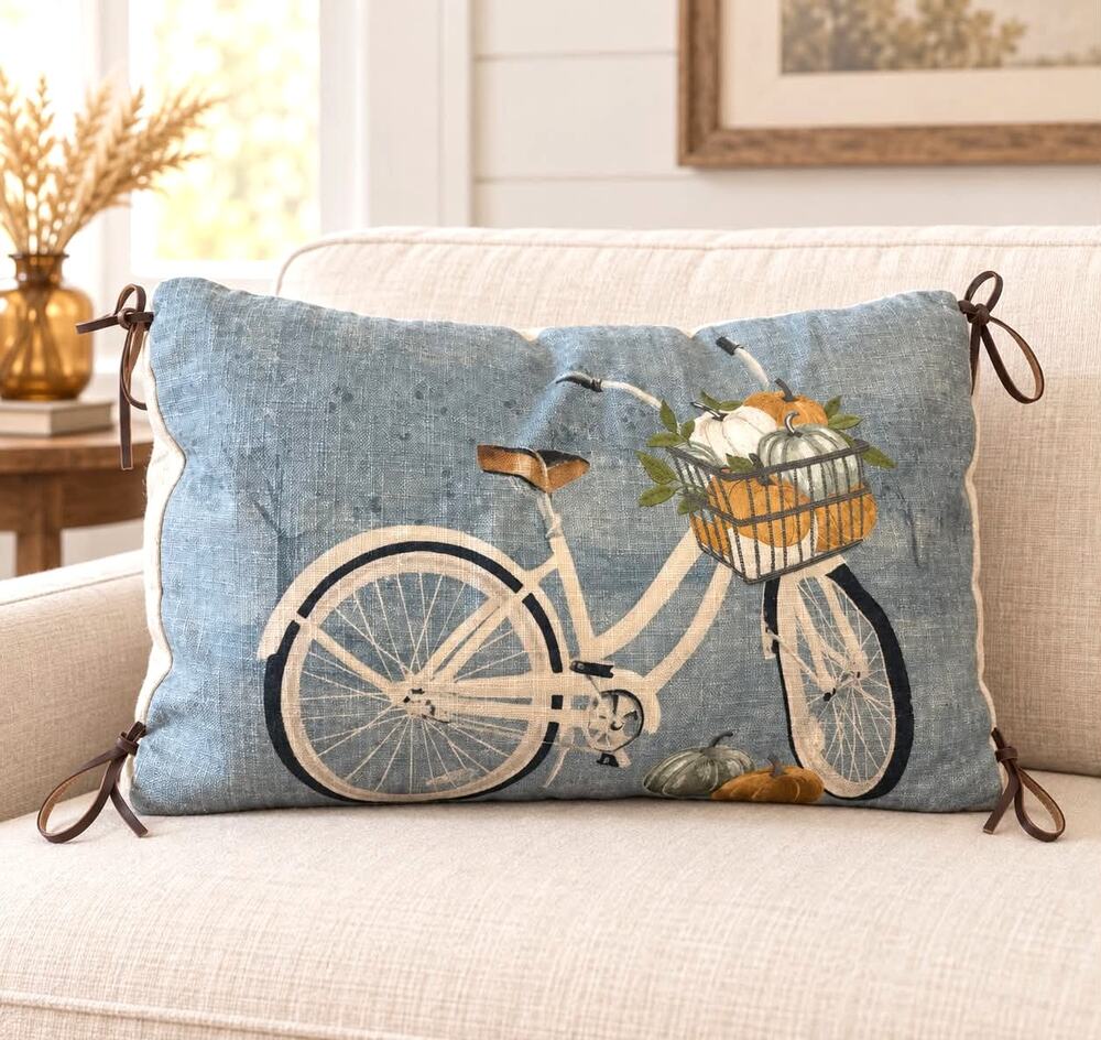 Brooks Brothers Fall Bicycle Pumpkin Lumbar Pillow Feather Fill Leather Ties 24"